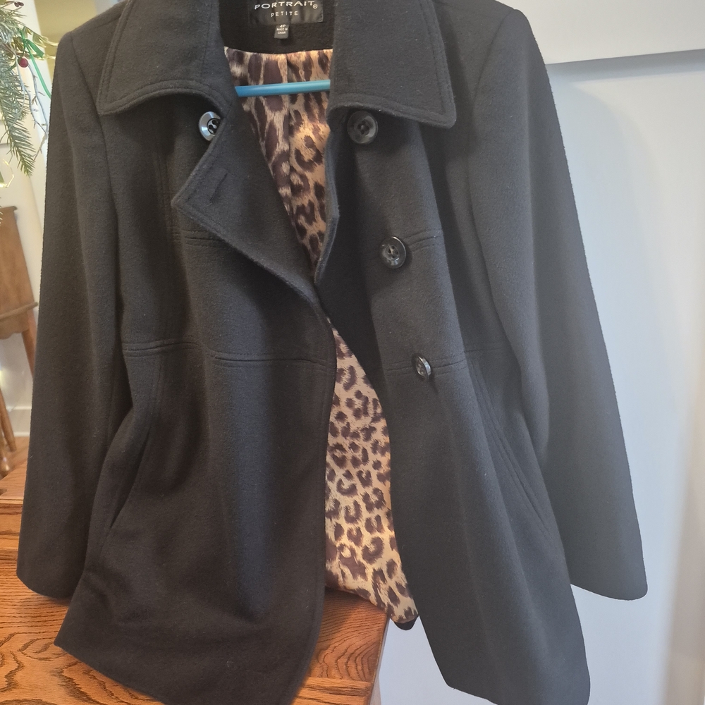 Stylish Black Pea Coat with Animal Print Lining Size 4 Petite
